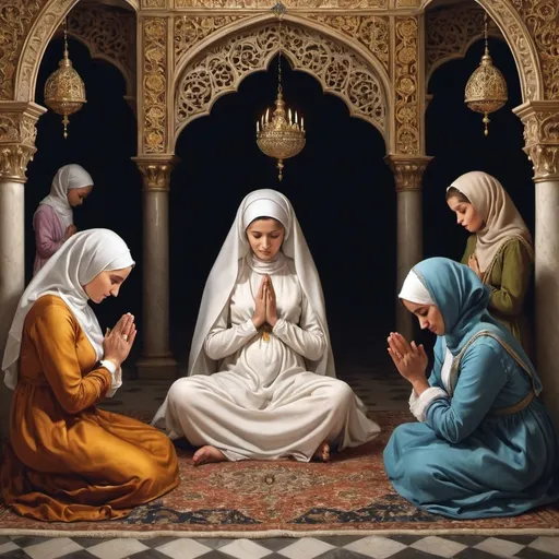 Prompt: Barok renaissance. Mother like maria in the middle, under her feet paradise and next to her feet her daughter. Mother is praying to god like the muslim hand