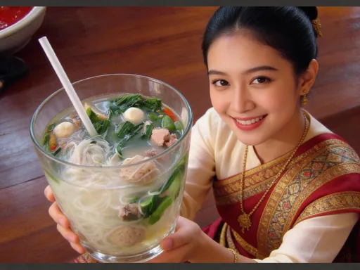 Prompt: A beautiful Burmese woman in traditional attire, smiling, presenting a large transparent glass filled with 'Kyay Oh' ingredients (rice vermicelli, meatballs, green mustard leaves, and clear broth). A drinking straw is placed inside the glass. High resolution, creative food photography style, cinematic lighting."