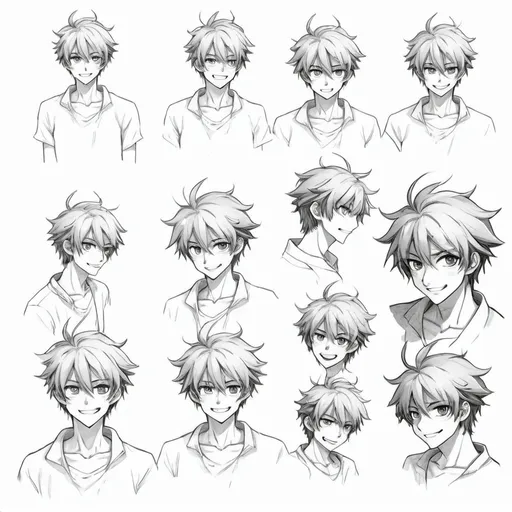 Prompt: Generate new 2d colored drawing of a male anime character, highly detailed face with hairs with different expression like  happy, laughing