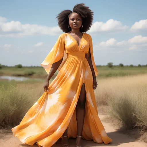 Prompt: A Nigerian woman in a full-length, fl-colored dress stands in front of a bright, sunny landscape. The dress is made of a light, flowing fabric that catches the breeze, and the woman's hair is styled in loose waves that frame her face. She looks confident and poised, with a serene expression on her face.