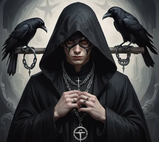 Prompt: A mysterious young man clad in a black cloak obscuring his face exudes an aura of enigma. A crow perches on his hand, a silent companion conveying wisdom and secrecy. A white snake coils around his neck, adding an element of danger and deep contemplation. Draped in dark attire and a black coat, he exudes allure and mystery, carrying a chain adorned with symbols of Satanism and atheism, symbolizing rebellion against traditional values.