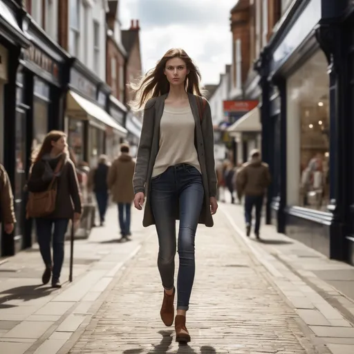 Prompt: Tall young woman walking down the high street, detailed clothing, realistic, natural lighting