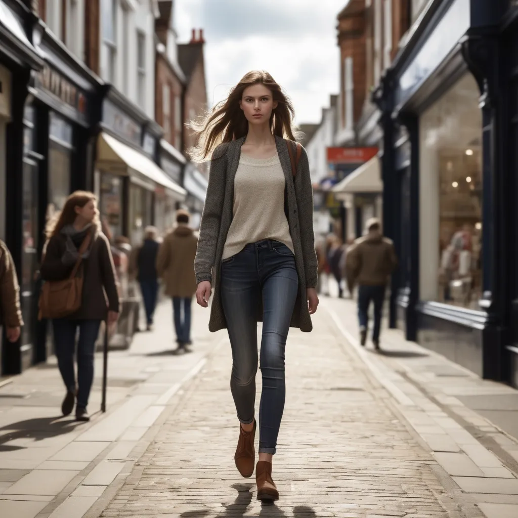 Prompt: Tall young woman walking down the high street, detailed clothing, realistic, natural lighting