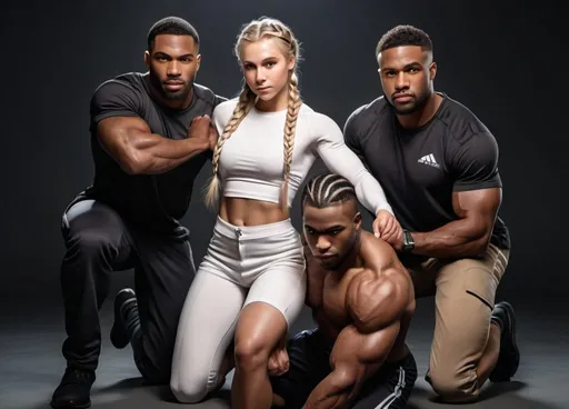 Prompt: High-resolution photo of three muscular black men surrounding a petite blonde girl with braided hair, kneeling, realistic lighting, detailed facial features, detailed braids, strong men, petite girl, professional, muscular