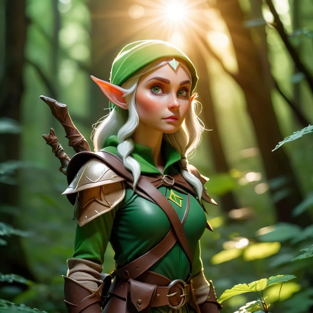 Prompt: Elf ranger in a mystical forest around sunlight