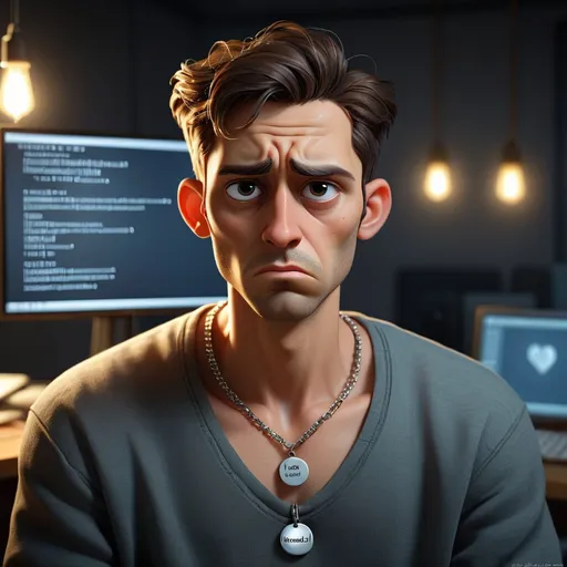 Prompt: Photorealistic male programmer, sad expression, love failure concept, mistrust, loneliness, necklace with 'Hamedi' inscription, computer screen, intense gaze, emotional, detailed facial features, realistic lighting, high resolution, photorealism, computer programming, love failure, loneliness, mistrust, emotional turmoil, detailed expression, personalized necklace, realistic computer screen, professional lighting