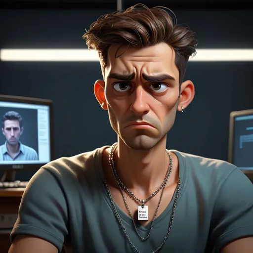 Prompt: Photorealistic male programmer, sad expression, love failure concept, mistrust, loneliness, necklace with 'Hamedi' inscription, computer screen, intense gaze, emotional, detailed facial features, realistic lighting, high resolution, photorealism, computer programming, love failure, loneliness, mistrust, emotional turmoil, detailed expression, personalized necklace, realistic computer screen, professional lighting