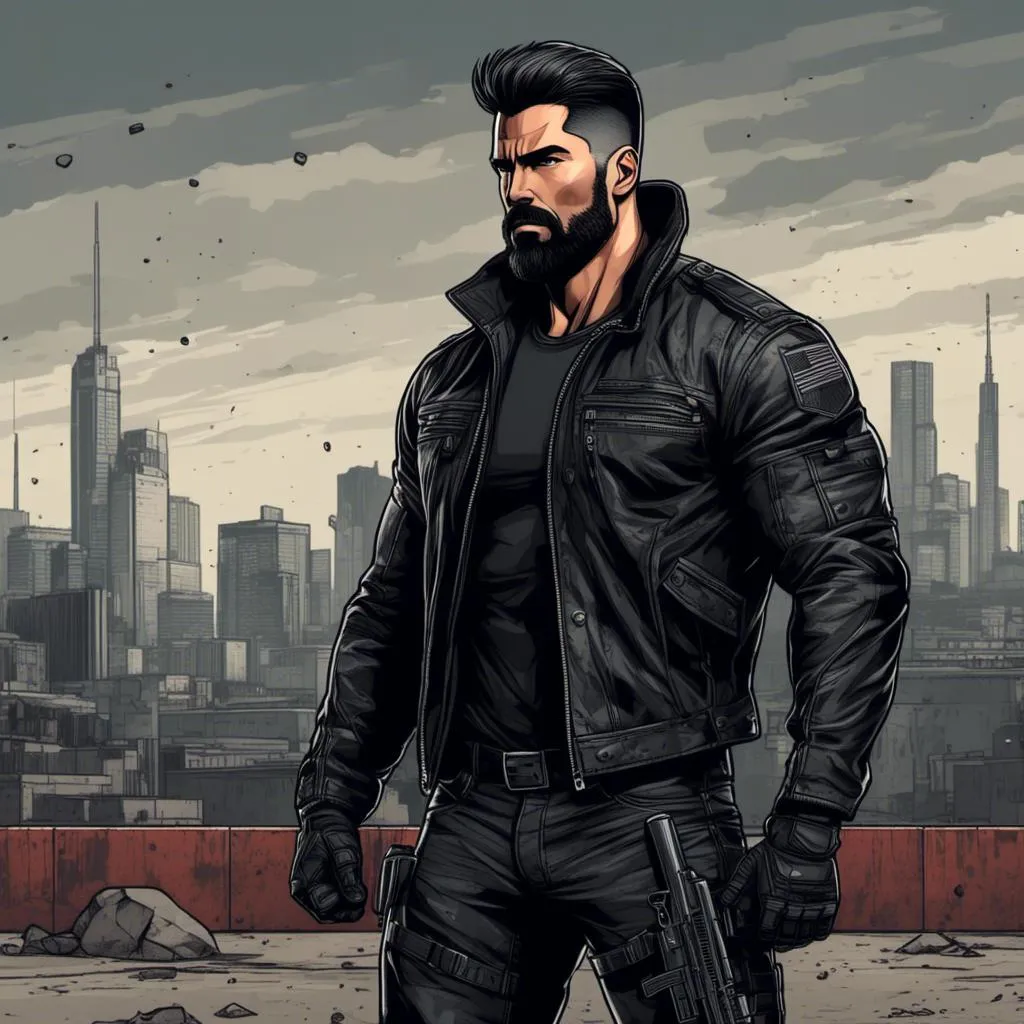 Prompt: <mymodel>Terminator-style, mid-aged muscular man with short black beard and hair, wearing black jacket and boots, stand on  concrete ground intense and focused gaze, high quality, detailed facial features, dark tones, rugged, 