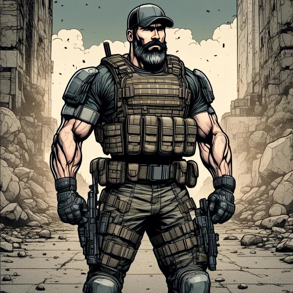 Prompt: <mymodel>Muscular, mid-age man in tactical armor,special force. comic style, standing on concrete ground, black beard, cap, high quality, comic style, tactical armor, concrete ground, detailed, professional, high resolution