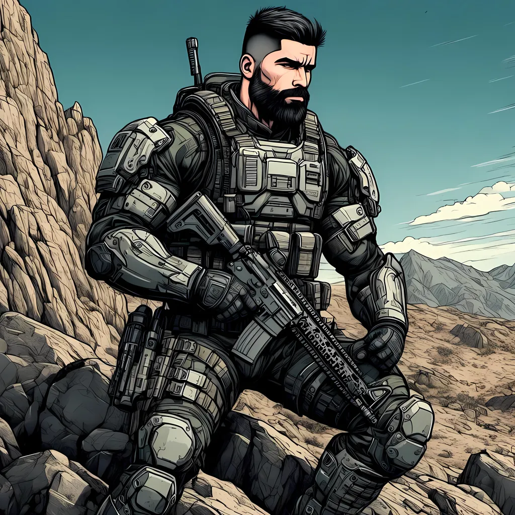 Prompt: <mymodel>a muscular soldier with a short black beard, bald .wearing tactical armor and boots, stand on rock,cyborg arm, detailed facial features, rugged appearance, high-contrast shadows.