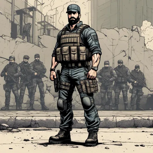 Prompt: <mymodel>Muscular, mid-age man in tactical gear. special force. comic style, standing on concrete ground, short black beard, cap, high quality, comic style, concrete ground, detailed, professional, high resolution