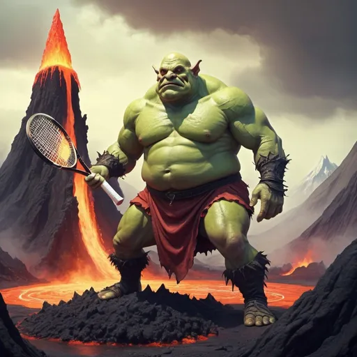 Prompt: Bald ogre playing tennis on slimy volcano, fantasy style
