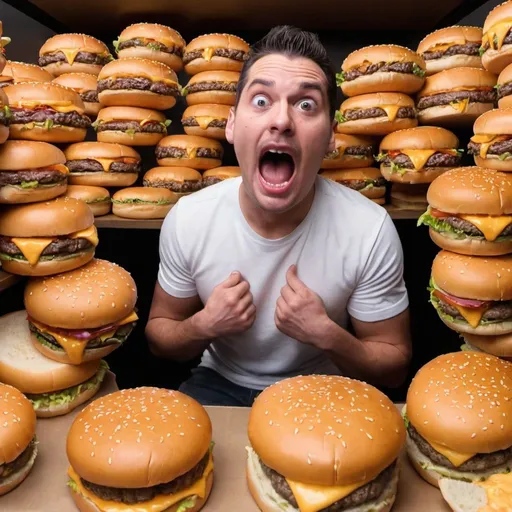 Prompt: some guy freaking out over 10,000 cheeseburgers