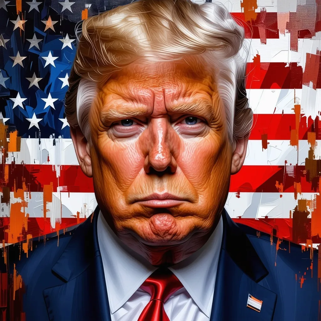 Prompt: Donald Trump portrait, bold colors, dramatic lighting, strong expression, business attire, American flag background, high contrast, painterly style, modern political commentary, visually striking aesthetics, ultra-detailed, captivating atmosphere, enhanced realism, a sense of dominance and power, conceptual depth, politically charged.