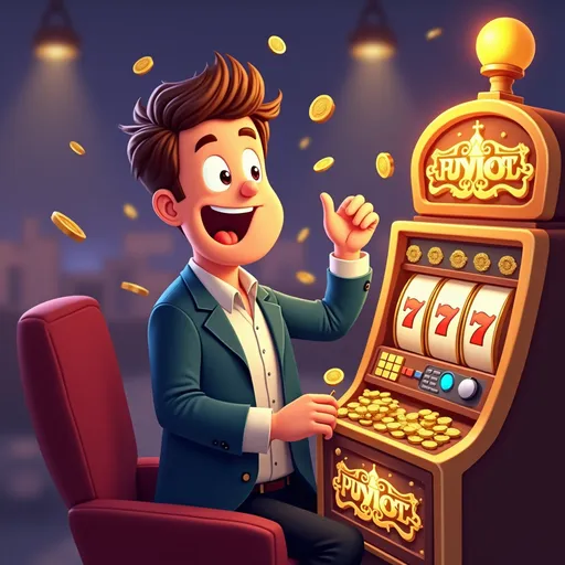 Prompt: A happy man playing on a Slot machine and being rich also cartoonish