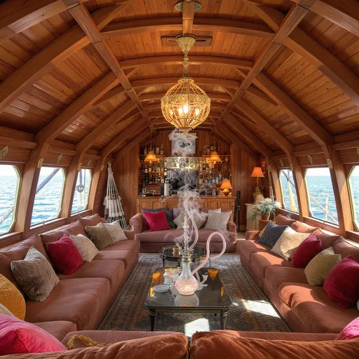 Prompt: The Luxurious common area that is on the inside of a large sailboat. The inside has windows and port holes for oars. The common area will have couches, a bar, and a hookah.