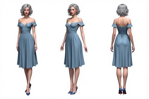 Prompt: A full-body character sheet of fantasy realism elegant young woman f13e668c with curly gray hair, fair skin, red lips, blue off-shoulder dress, small earrings displayed in three clear views on a clean white background, arranged in a three-column grid pattern with equal spacing and importance. Left panel: front view showing complete anatomical details and outfit. Center panel: perfect 90-degree side view (profile) clearly showing the character's side silhouette, facial profile, and outfit from a direct lateral perspective. Right panel: back view revealing posterior details Each view maintains consistent scale, lighting, and full-body presentation from head to toe. All three perspectives must be equally detailed and given equal prominence in the composition.