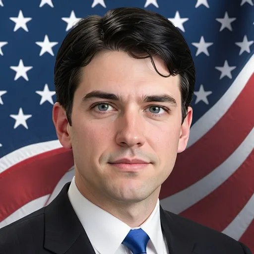 Prompt: white male with a black suit, blue tie, black hair, and the American flag in the background NO ANIMIE make him part of the democrat party and make him a politican
