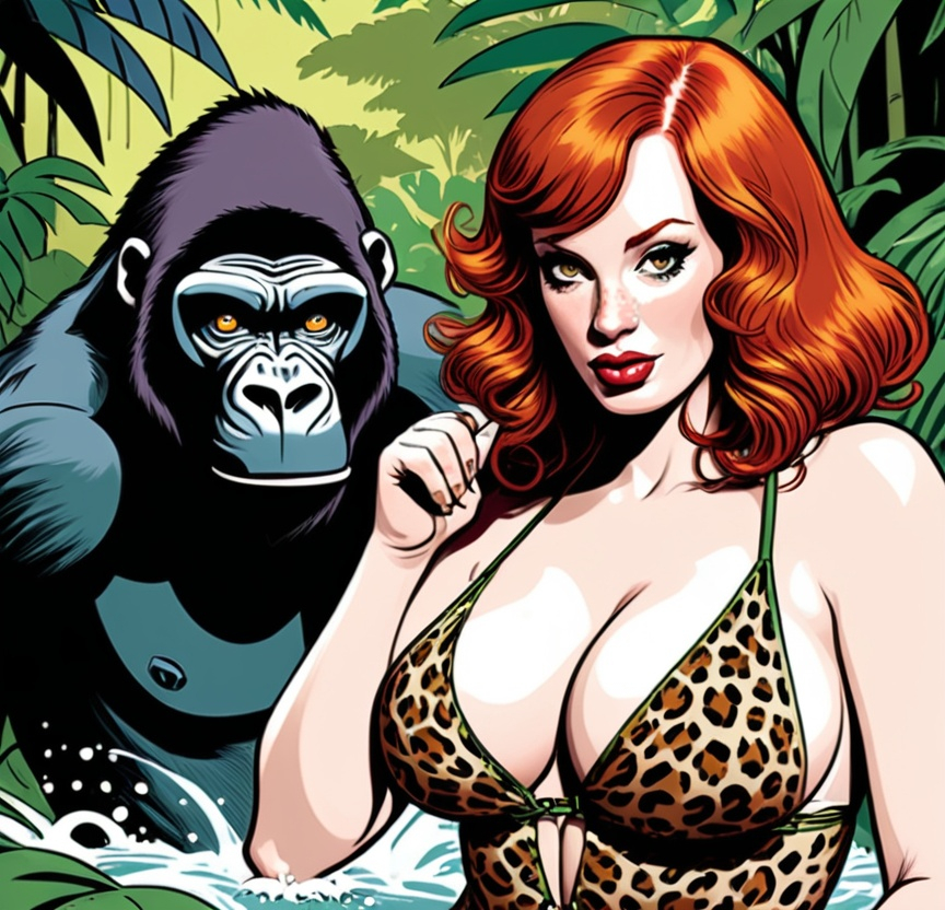 Prompt: A redhead jungle girl, she is wearing a leopard bathing suit,she looks like actress Christina Hendricks, she is fighting a Gorilla in the jungle, Silk screen comic book illustration