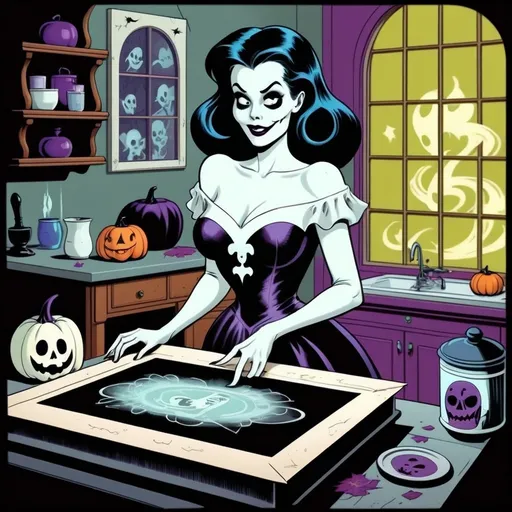 Prompt: Silk screen comic book illustration, Ghost woman, she looks like Casper the friendly ghost, she is white and Very Nice, she is preparing and decorating a tablet for halloween