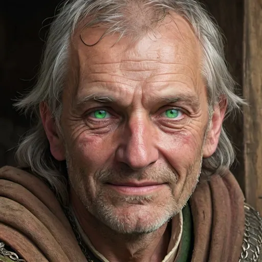 Prompt: 
A medieval tired man of about 50 years old with green eyes and the bitter smile on his lips of someone who has seen too many battles and is disillusioned with feelings