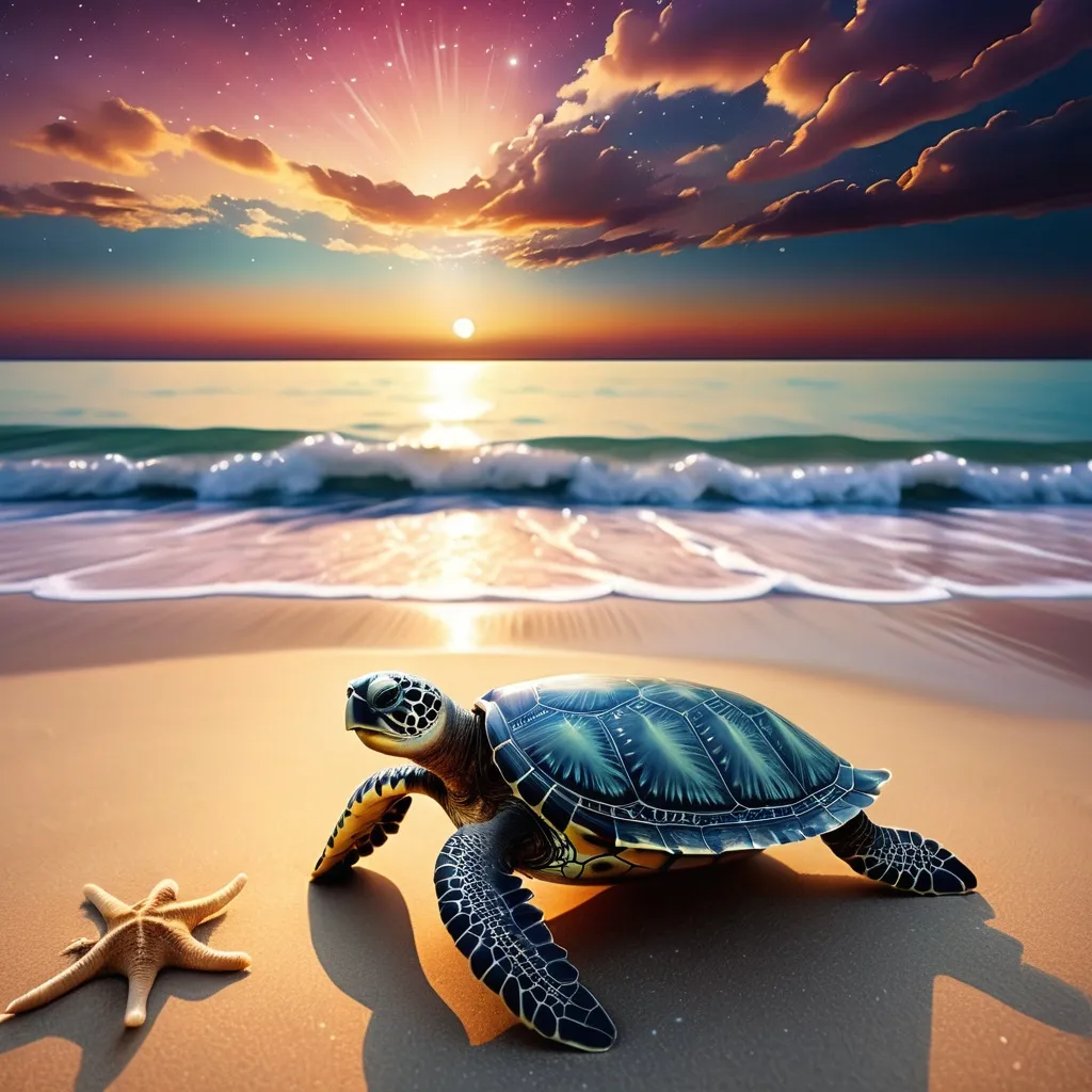 Prompt: A sea turtle watching a glorious sunset on a beautiful beach near the water where you can also see the constellations and chicago from the distance 