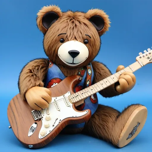 Prompt: Grateful dead jerry bear, brown fur, playing wood grain natural stratocaster, cartoon high quality
