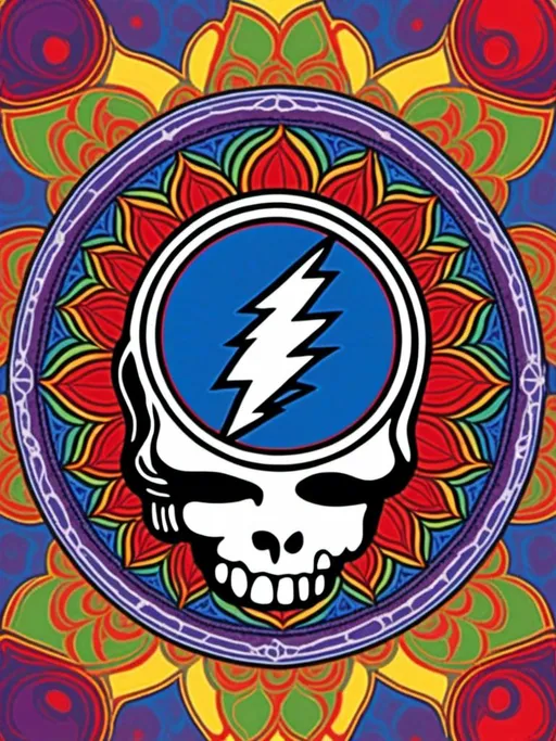 Prompt: <mymodel> steal your face, grateful dead poster art marijuana mandala background 