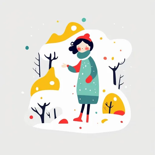 Prompt: illustration character design, cartoonish whimsical style.Girl in snow,bright colors simple shapes,white backdrop