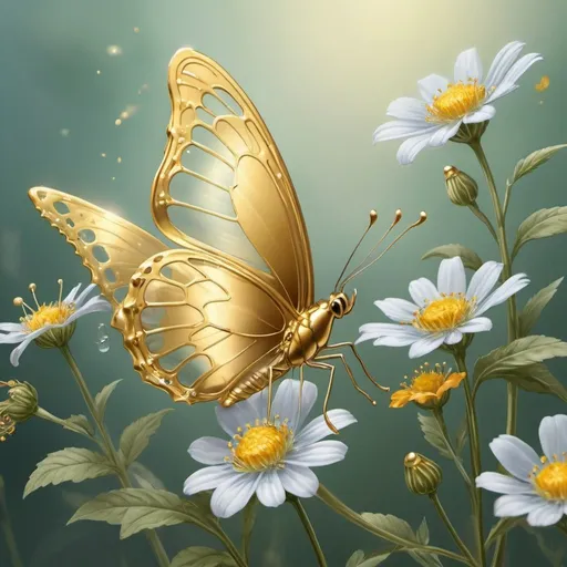 Prompt: create a transparent all-gold butterfly sipping nectar from wild flowers
