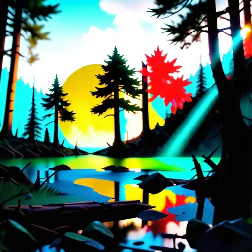 Prompt: a mysterious forest next to a lake, high quality, unreal engine