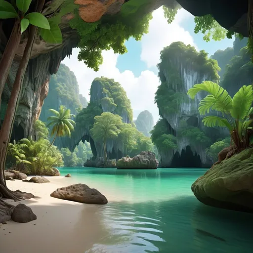 Prompt: Unseen Krabi 3D rendering, lush tropical jungle, hidden caves and lagoons, crystal clear waters, ancient rock formations, vibrant and realistic, high-res, detailed 3D, tropical paradise, emerald green, natural lighting, immersive atmosphere