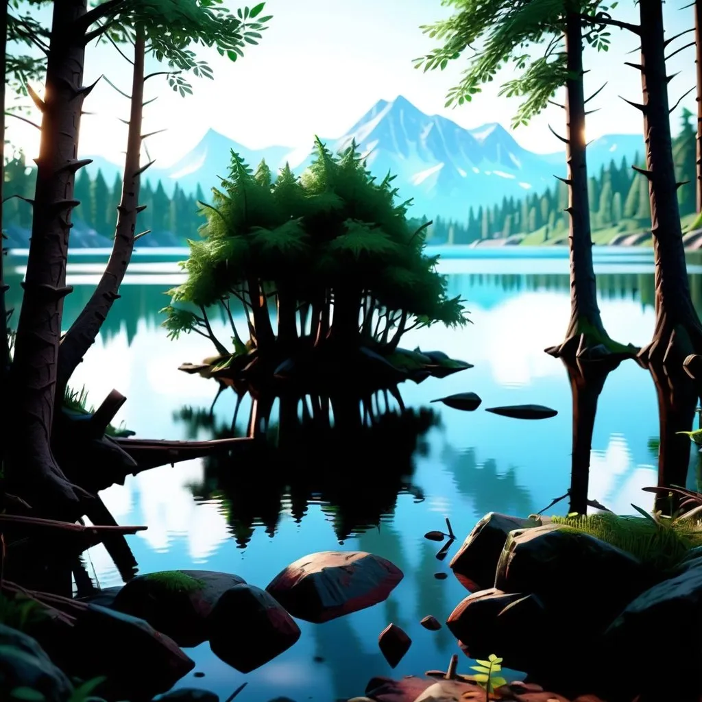 Prompt: a mysterious forest next to a lake, high quality, unreal engine