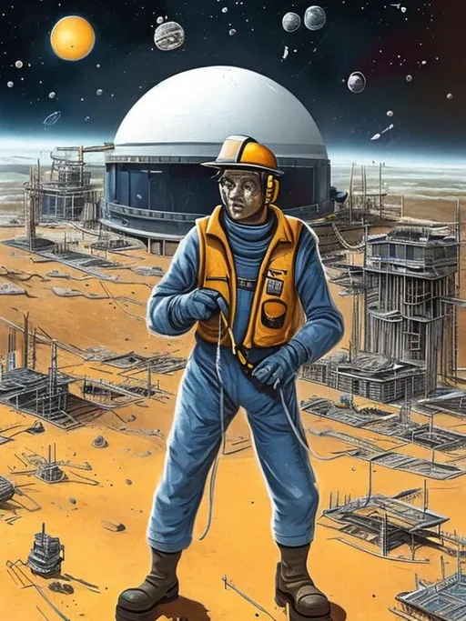 Prompt: 50s science fiction space construction worker on a far off world working in a massive space mine 