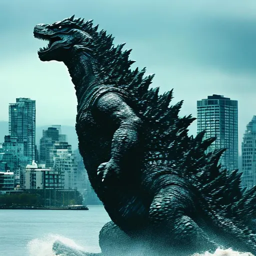 Prompt: Godzilla coming ashore in Downtown Vancouver BC, Coastal mountans and Skyline in the background, 