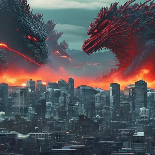 Prompt: Shin Godzilla destroying Downtown Vancouver BC, Coastal mountans and Skyline in the background, atomic breath, the army is fighting and people are running away