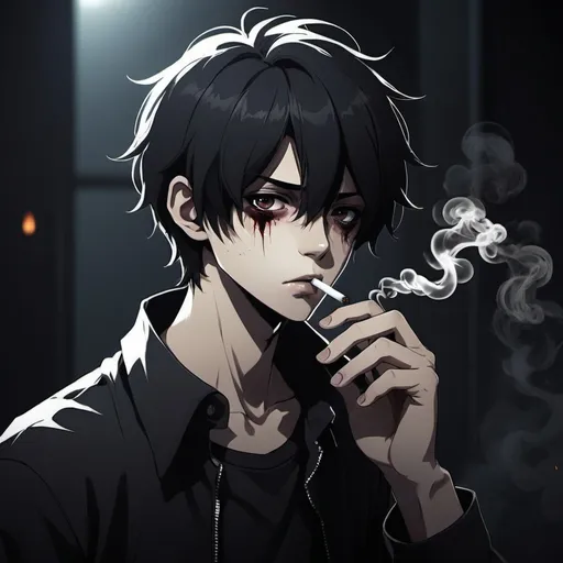 Prompt: 2d dark horror anime style, boy, anime scene smoking