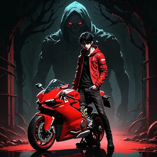 Prompt: 2d dark horror anime style, boy, anime scene red ducati panigale