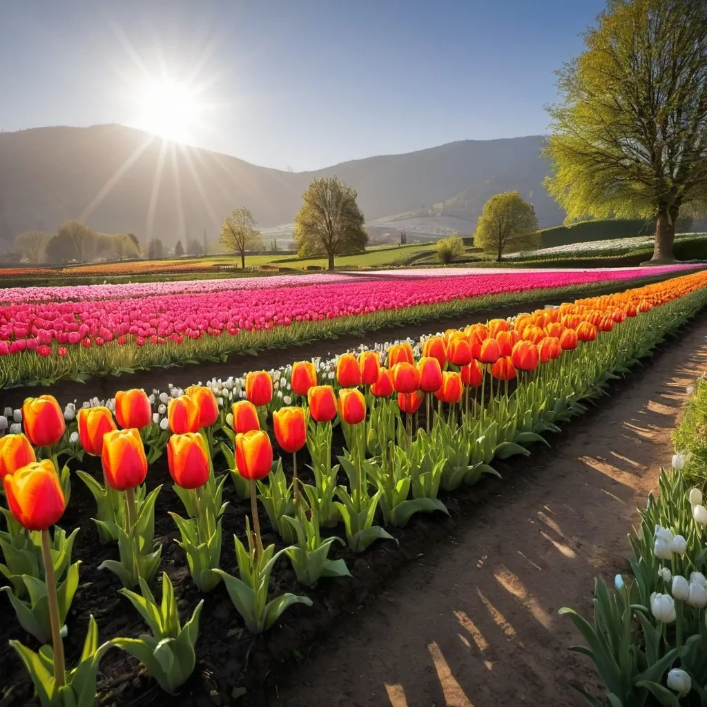 Prompt: Tulip garden in morning sunlight on hills