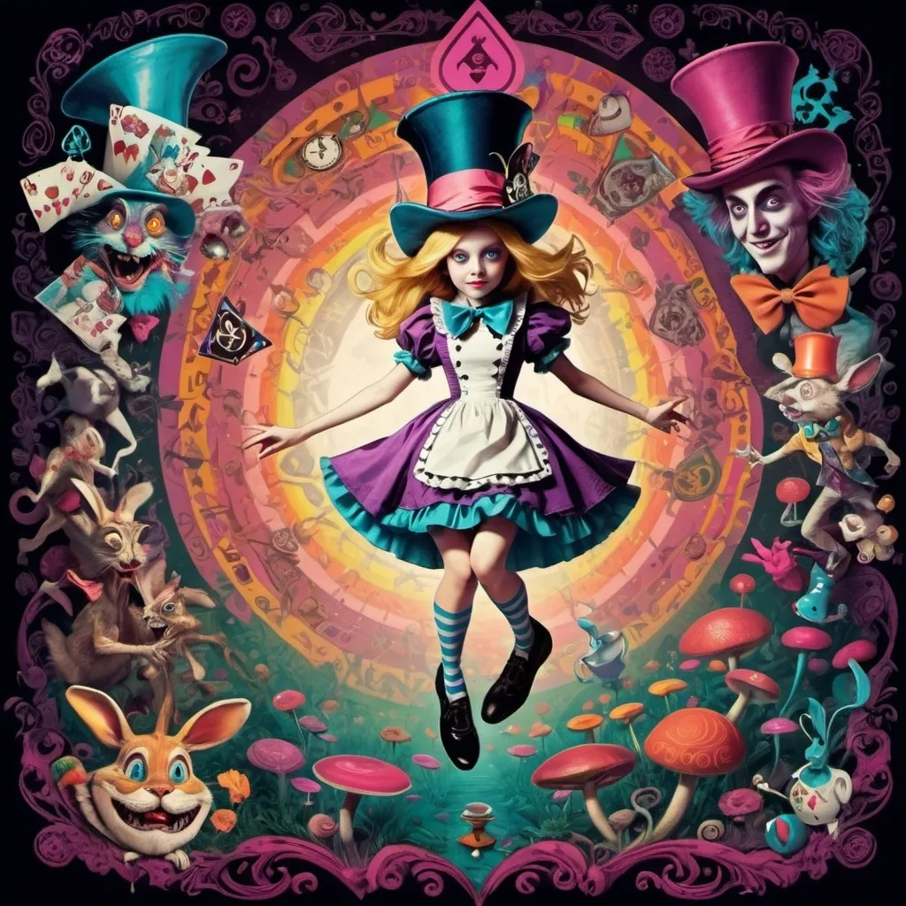 Prompt: Alice jumping to wonderland with mad hatter. Disney mixed psychedelic art. Holy geometry with satanic symbols 