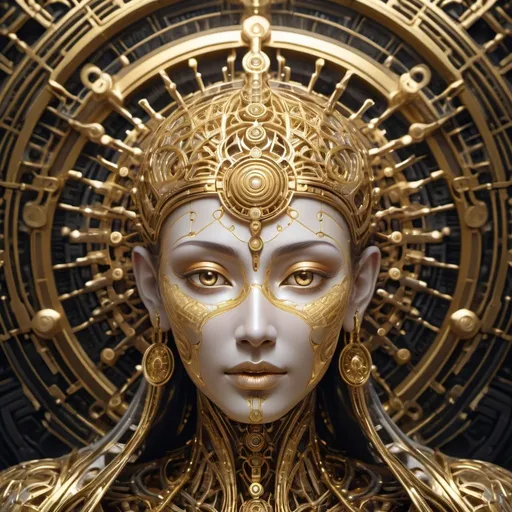 Prompt: Futuristic, biomechanical representation of Eastern god, intricate holy geometry, metallic sheen, radiant golden accents, ethereal energy flowing, divine aura, intricate details, highres, ultra-detailed, futuristic, biomechanical, holy geometry, eastern god, metallic sheen, radiant gold, ethereal, divine aura, intricate details, professional, atmospheric lighting