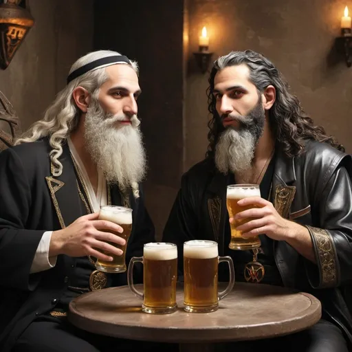 Prompt: Jewish god and chirtian versio of lucifer having beer together
