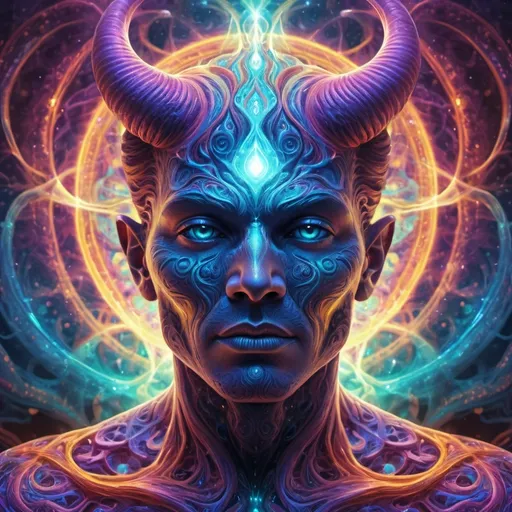 Prompt: (Quantum devil ), ethereal being, vibrant energy auras swirling, cosmic background, mystical symbolism, intricate patterns, (highly detailed), surrealist art style, electric colors merging, dreamlike atmosphere, transcendent emotions, radiating power and wisdom, (4K), elaborate cosmic elements incorporated.