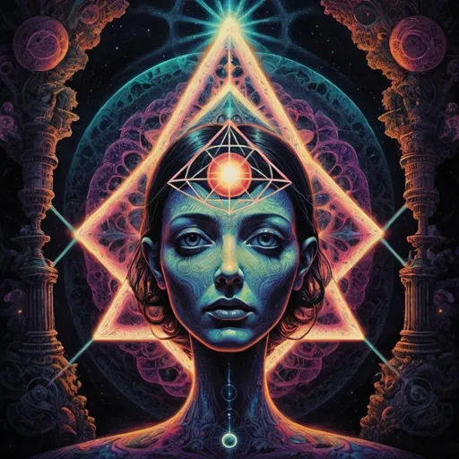 Prompt: (psychedelic art), Holy geometry, unsettling ambiance, high contrast, rich textures, atmospheric depth, surreal elements