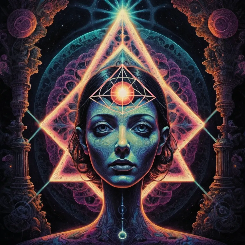 Prompt: (psychedelic art), Holy geometry, unsettling ambiance, high contrast, rich textures, atmospheric depth, surreal elements