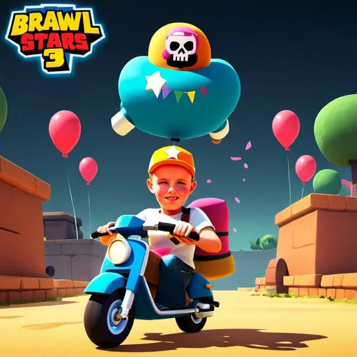 Prompt: Brawl stars character, birthday party, scooter