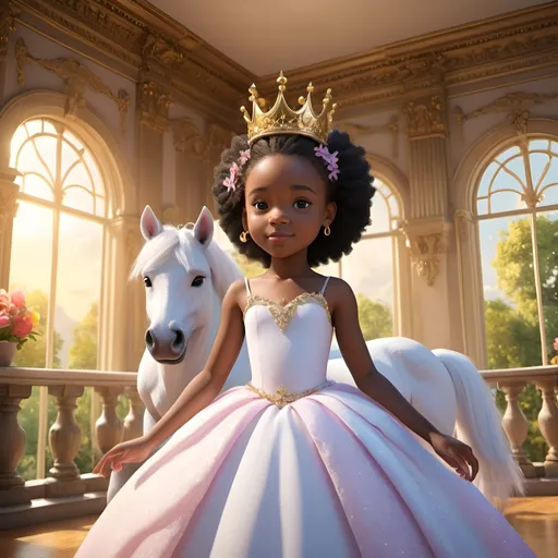 Prompt: Prompt 1: Black African American, 8-year-old girl dreams about being a princess in a majestic castle garden overflowing with vibrant flowers and fluttering butterflies, morning with sunny sky, 3D.

Prompt 2: A black African American 8-year-old girl dreams about being a princess, sitting atop a gentle white unicorn in a mystical forest, morning with a sunny sky, 3D.

Prompt 3: A black African American 8-year-old girl dreams about being a princess. She stands on a balcony overlooking a sprawling kingdom with rainbows in the background, and it is a morning with a sunny sky in 3D.

Prompt 4: A black African American 8-year-old girl dreams about being a princess at a grand royal ball with elegant dresses and a golden crown in a magnificent palace ballroom in the morning with a sunny sky, 3D.