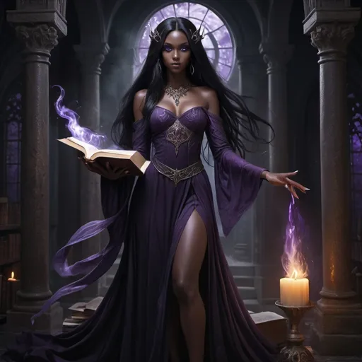 Prompt: Dark-skinned elf with long black hair, purple eyes, elegant pose, long white nails, witch of fire, ancient magic book, long black dress, high heels, highres, detailed, fantasy, witch, elegant, mystical, dark tones, ancient magic, detailed eyes, professional, atmospheric lighting