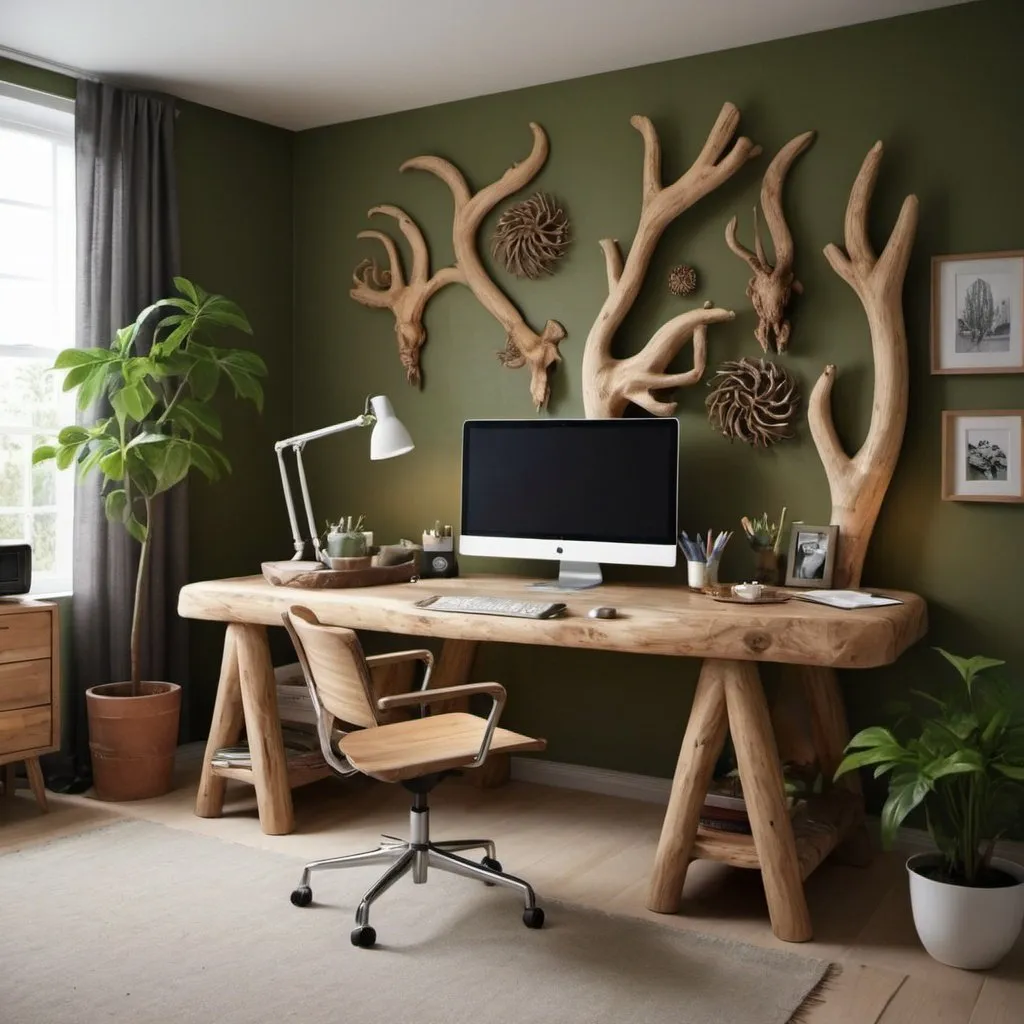 Prompt: I would like to have a a spacious livig room with nature colors and items inspired from creatures. Also, a desk created from nature wood for work and tv rounded by creative nature ideas. I want the colors to be inspiring and creating energy.
