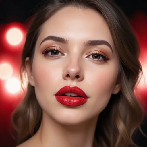 Prompt: (Flirty female lip bite), cinematic lighting, romantic, ultra-detailed, soft shadows, warm tones, intense gaze, glossy lips, vibrant red lipstick, close-up, high definition, flawless skin, bokeh background, shallow depth of field, ethereal glow, high contrast, emotionally captivating, 4K quality, photorealistic, lip drool